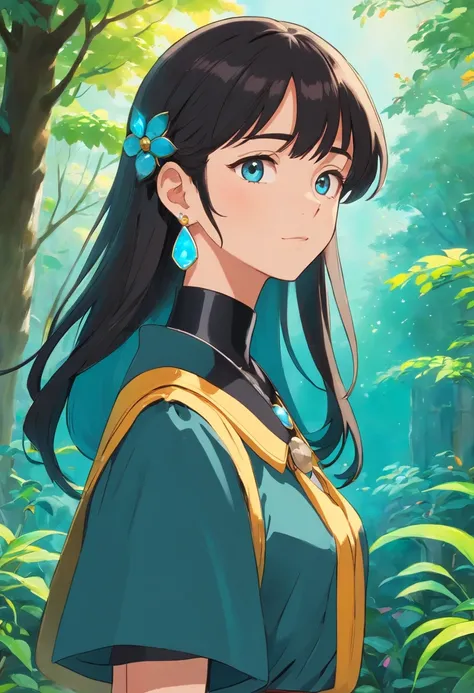 A girl wearing an anime collar, A long necklace and earrings,black glove， inthe style of tranquil gardenscapes, colorful animation stills, Masami Teraoka, aquamarine, Paul Gauguin, Amber style, Honest portrayal