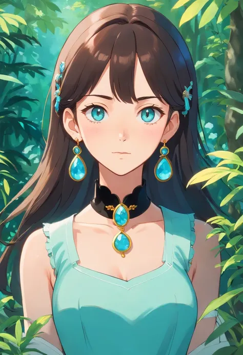 A girl wearing an anime collar, A long necklace and earrings,black glove， inthe style of tranquil gardenscapes, colorful animation stills, Masami Teraoka, aquamarine, Paul Gauguin, Amber style, Honest portrayal