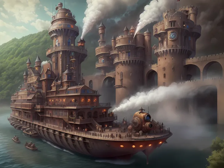 a long shot (picture: 1.3) of a steampunk castle moving on (motorized steam boat: 1.3) on the river, steampunk castle, state of the art, (military thinking, ready for combat: 1.3) with (turrets: 1.1), (towers:1.1), (bridges between towers:1.2), (big barbic...