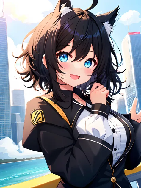 Cute backgrounds, 1girl in, Open mouth, Smile, Virtual Youtuber、girl with、((Best Quality, high_resolution, Distinct_image)),(Black hair), (Black cat ears), (Ahoge), (absurdly short hair), (Wavy Hair), (Blue eyes),、Very big、A smile、((View Viewer))、