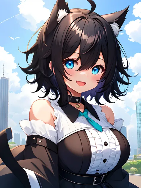 Cute backgrounds, 1girl in, Open mouth, Smile, Virtual Youtuber、girl with、((Best Quality, high_resolution, Distinct_image)),(Black hair), (Black cat ears), (Ahoge), (absurdly short hair), (Wavy Hair), (Blue eyes),、Very big、A smile、((View Viewer))、Choker wo...