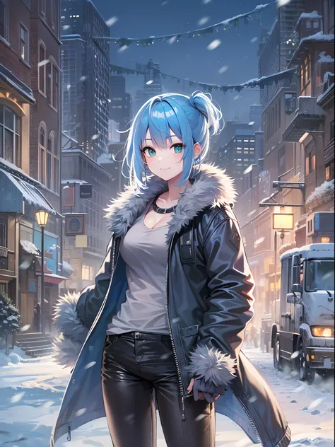 Best Quality,超A high resolution,1girl in,Solo,Full body,Snow,city,, Blue hair,Green eyes,nffsw,Tank tops、Leather pants、Smile gently、