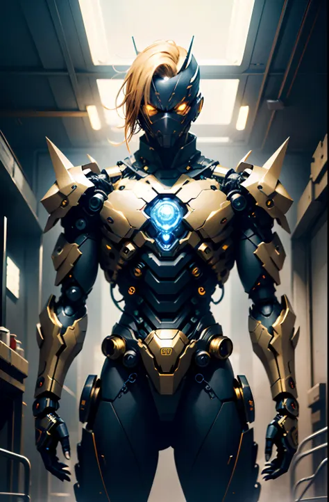 Dark_Fantasy、Golden hair color、cyberpunked、(Double Sword、Scorpion Cyborg Man、Das Veilchen:1.1)、1man、Mechanical technology、Robot Presence、Ninja-like fighting stance、Cybernetic Guardian、