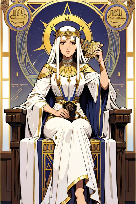 Tarot cards, High Priestess, Female Priestess, Long white robe, In the handheld, the Bible is placed in the lap., Egypt, art, Alphonse Mucha, Sit in a full-body chair., Sit face straight., read