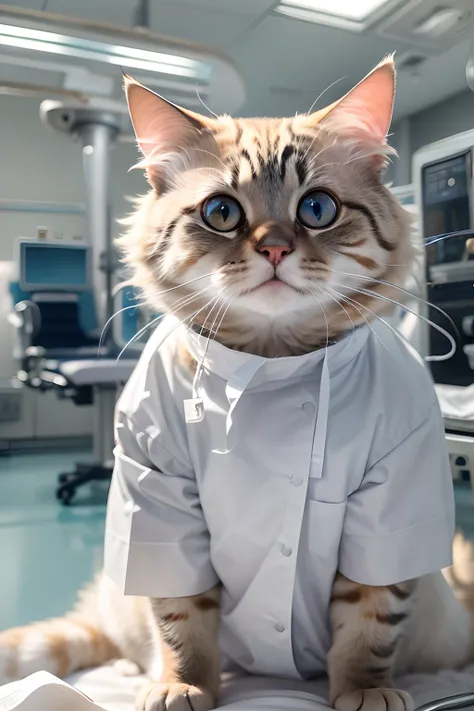 A round-eyed cat, Wearing a white hospital uniform, In the operating room, There are beds inside, instrument, Sunlight outside the window,