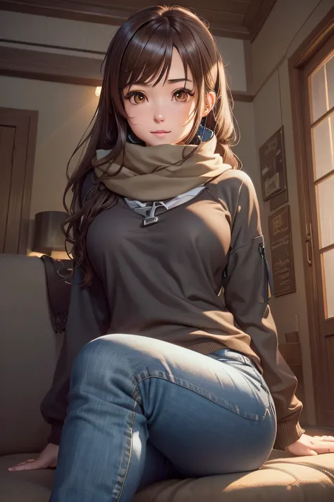 Bell, anime, brown hair, medium breasts, brown eyes, light smile, jeans, scarf, gray sweatshirt, blue pants, sitting, cross-legged, inside a smart home, sitting on the couch, Asada Shinos face, anime Sword Art Online, best quality