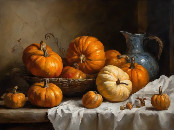 oil painting, (Golden ratio) heavy brushstrokes, Pallette knife, paint drips, A scene of pumpkins, half a sliced pumpkin sitting in a vintage kitchen, Baroque, dramatic contrasts between light and dark, emotional intensity, tenebrism, soft edges, oil on ca...