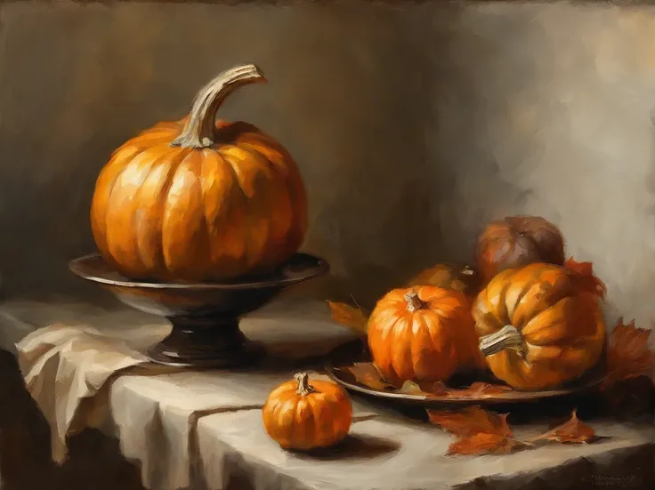 oil painting, (Golden ratio) heavy brushstrokes, Pallette knife, paint drips, A scene of pumpkins, half a sliced pumpkin sitting in a vintage kitchen, Baroque, dramatic contrasts between light and dark, emotional intensity, tenebrism, soft edges, oil on ca...