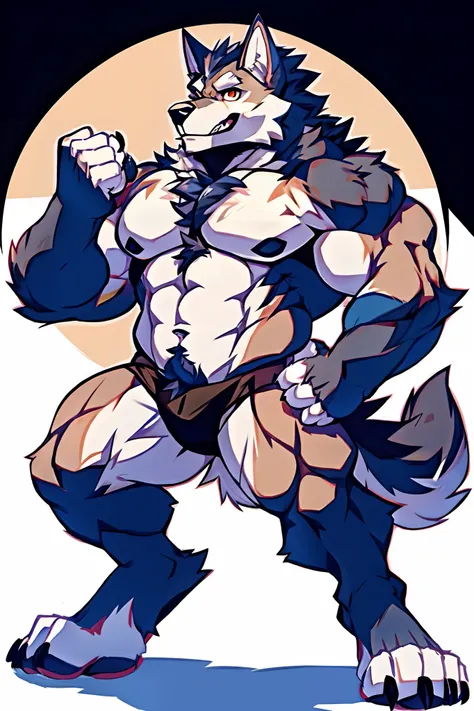 Human-wolf，musculous，Hairy all over，clawed paws，erect through