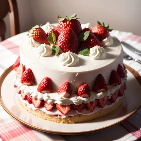 Make an ultra-realistic and extremely detailed strawberry cake