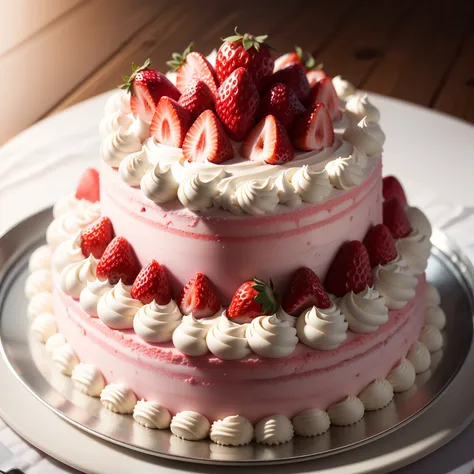 Make an ultra-realistic and extremely detailed strawberry cake