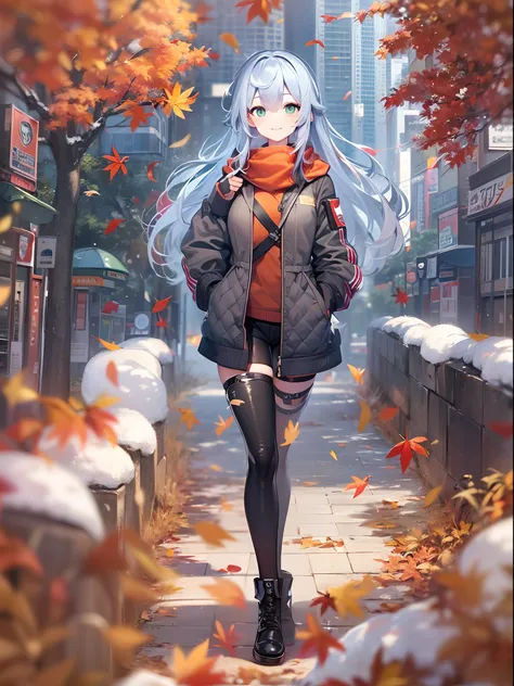 Best Quality,超A high resolution,1girl in,Solo,Full body,Autumn leaves,city,, Blue hair,Green eyes,nffsw,Tank Tops、Leather pants、Smile gently、snow woman