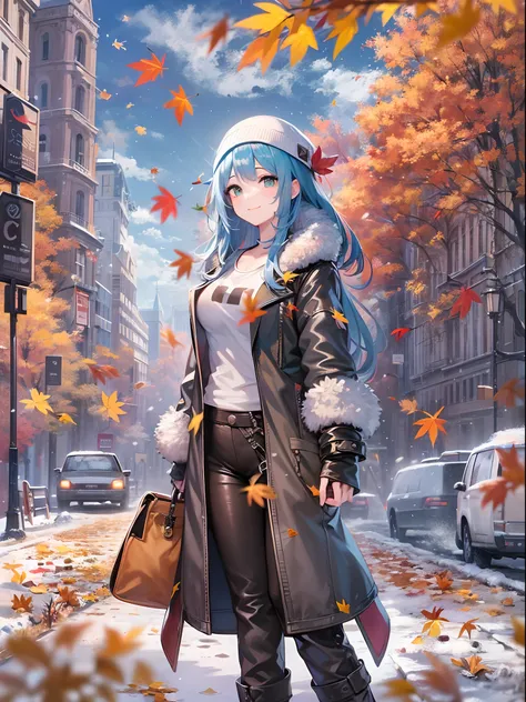 Best Quality,超A high resolution,1girl in,Solo,Full body,Autumn leaves,city,, Blue hair,Green eyes,nffsw,Tank Tops、Leather pants、Smile gently、snow woman