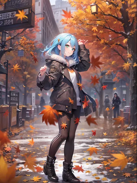 Best Quality,超A high resolution,1girl in,Solo,Full body,Autumn leaves,city,, Blue hair,Green eyes,nffsw,Tank Tops、Leather pants、Smile gently、snow woman