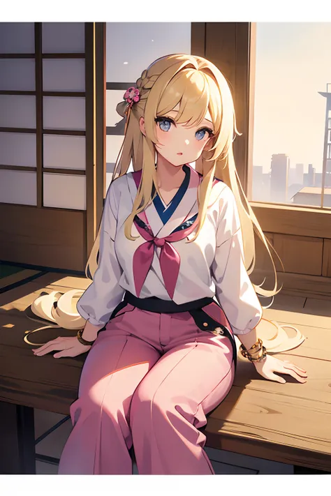 1 girl, solo, masterpiece, blonde hair,open hairstyle, straight haired,long hair,pink lips, Japanese school shirt, Japanese pants,cute and beautiful illustration,soft, bracelet.