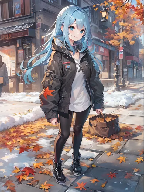 Best Quality,超A high resolution,1girl in,Solo,Full body,Autumn leaves,city,, Blue hair,Green eyes,nffsw,Tank Tops、Leather pants、Smile gently、snow woman