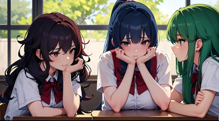 masterpiece, lots of detail, 4k, 8k, ((ultra-detailed)), highres, soft lighting, 3girls, school uniform, classroom, talking, {red hair|green hair|black hair|blue hair}, {ponytail|short hair|long hair|curly hair}