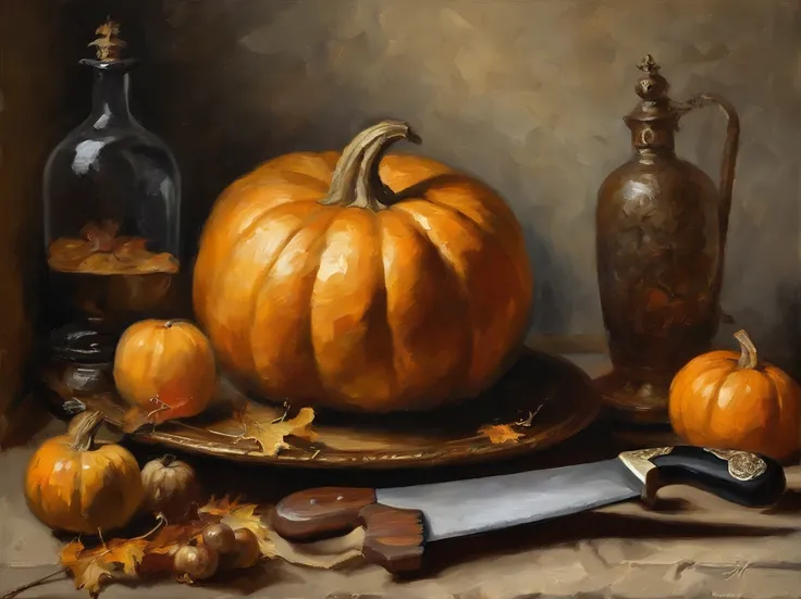 oil painting, (Golden ratio) heavy brushstrokes, Pallette knife, paint drips, A scene of a kitchen, with staff preparing pumpkins for halloween, pumpkins, half a sliced pumpkin sitting in a vintage kitchen, Baroque, dramatic contrasts between light and dar...