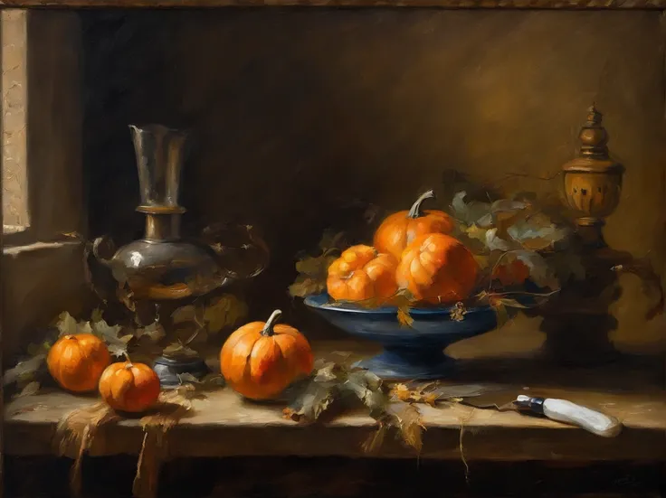 oil painting, (Golden ratio) heavy brushstrokes, Pallette knife, paint drips, A scene of a kitchen, with staff preparing pumpkins for halloween, pumpkins, half a sliced pumpkin sitting in a vintage kitchen, Baroque, dramatic contrasts between light and dar...