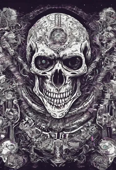 A close-up of a skull , fantasy skull, Arte detallado aterrador en blanco y negro, Arte en blaco y negro aterrador en 4K, sacred skull, Conjuring a psychedelic background, Ilustraciones digitales detalladas, calavera, Calaveras sagradas, psychedelic illust...