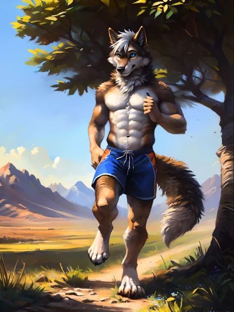 ((Solo)), male people, anthro wolf, (Multi-colored fur, White-brown:1.3), ((Wolf face, White hair, Big eyes, White eyelids, Blue pupil, Slim:1.2) (Tough, Calm expression:1.2)), Abs, Slim, pinging)), (Correct anatomy), (Work shorts:1.1), (Contour bone:1.2),...