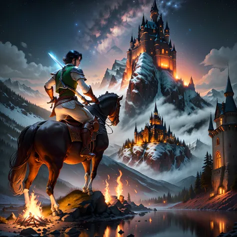 Legend of zelda, male hero holding sword, triumphant, riding bull (sit on bull) dynamic light, mountains, night, stars, moonlight, campfire, reflection lake in background, hyper-realistic, best quality, black hair, medieval, castle on top of mountain in ba...