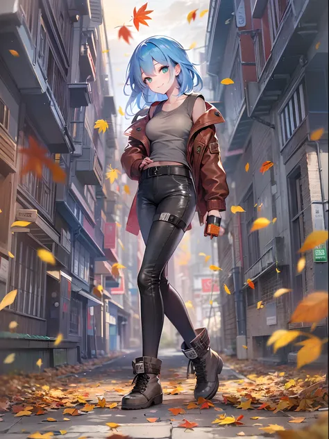 Best Quality,超A high resolution,1 woaman,Solo,Full body,Autumn leaves,city,, Blue hair,Green eyes,nffsw,Tank Tops、Leather pants、Smile gently、