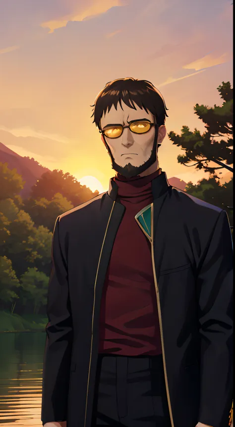 1boy, 独奏, gendo ikari, a dark-haired, a beard, facial hairs, black jacket, red turtleneck, yellow sunglasses, is standing, a par...