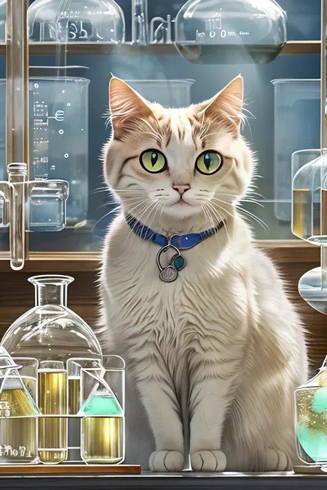 A round-eyed cat holds a round-bottom flask in a chemistry lab, There is a test tube rack on the front, The glass case has medicines, Sunlight outside the window,