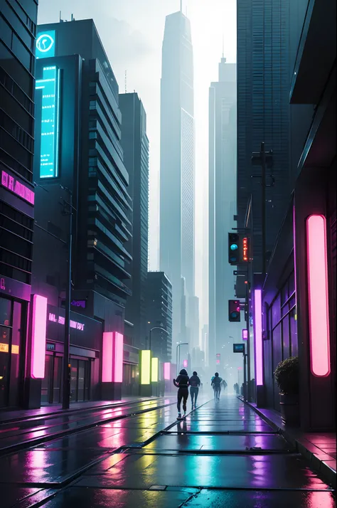 Cyberpunk-city，jogging，rainwater，rainbow