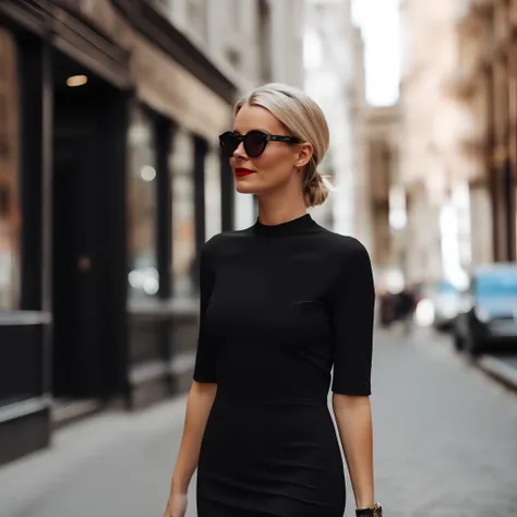 woman in black dress and sunglasses walking down the street, london, wearing in black clothes, eva elfie, in Montreal, inspired by Emma Andijewska, emma, black outfit, olivia, by Emma Andijewska, wearing black modern clothes, look, wearing black camisole o...