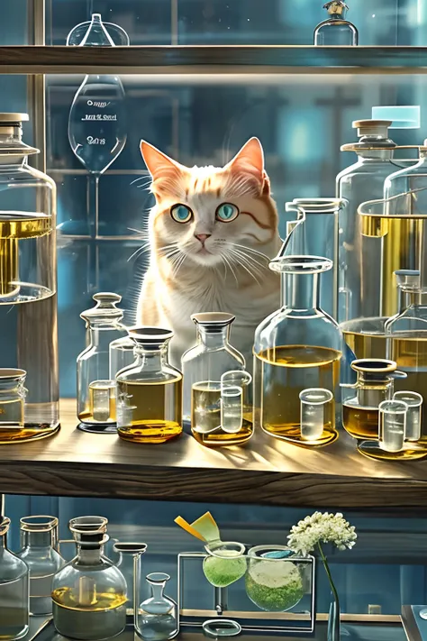 A round-eyed cat holds a round-bottom flask in a chemistry lab, There is a test tube rack on the front, The glass case has medicines, Sunlight outside the window,