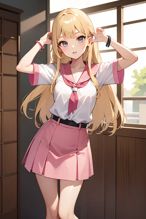 1 girl, solo, masterpiece, blonde hair,straight haired,long hair,pink lips, Japanese school shirt, Japanese skirt,cute and beautiful illustration,soft, bracelet, posing, standing position,