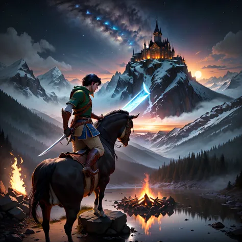 Legend of zelda, male hero holding sword, triumphant, riding bull (sit on bull) dynamic light, mountains, night, stars, moonlight, campfire, reflection lake in background, hyper-realistic, best quality, black hair, medieval, castle on top of mountain in ba...