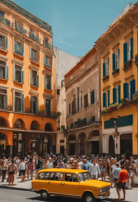 people waiting in line for a tour bus, retrato, colorido, vibrante, dia ensolarado, rostos detalhados, cheerful expressions, summer attire, Turistas, atmosfera animada, Movimentada, anticipation, Urban landscape scenery, urban backdrop, Perspectiva grande ...