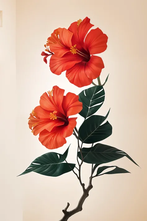 hibiscus flower blooming on a gnarled branch against a grey background, simple background, in the style of light orange and light beige, minimalist images, photography installations, paleocore, green and crimson, hyper-realistic, poetic intimacy