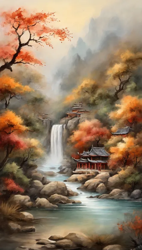 Quaint Han Dynasty style temple，（There was an ancient Chinese monk who sat and meditated（closeup cleavage）），（Meditate），zazen，age-old tree，falling leaf，（Chinese landscape painting style），（Pastel ink painting），（8k wallpaper），（light and shadow effect），renderi...