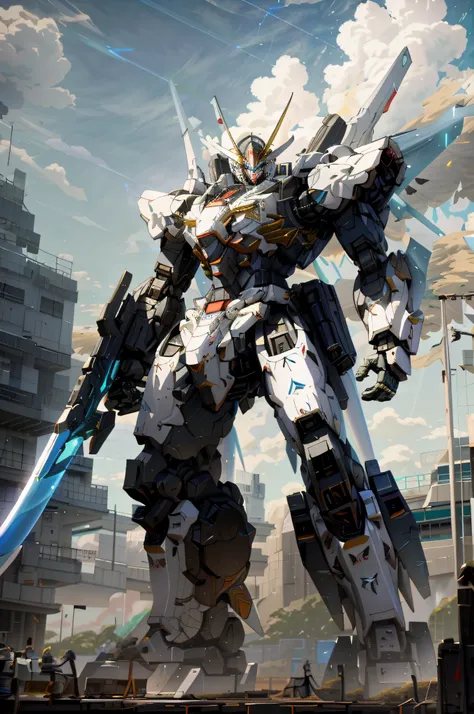 The Aalfed robot stands on the platform，Holding a sword in hand, alexandre ferra white mecha, modern mecha anime, 4k highly detailed digital art, Best anime 4k konachan wallpaper, Badass anime 8 K, anime large mecha robot, anime mecha aesthetic, cool mecha...