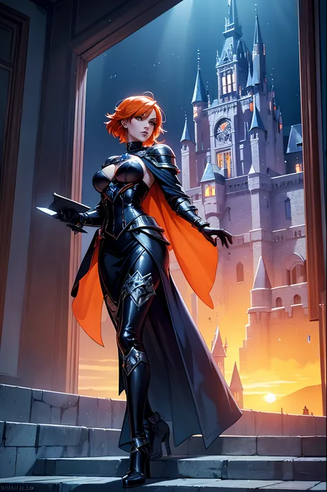 A goth female magician character with short orange hair on the ice training ground, azul gelo, Castle with crystal and ice details well detailed with beautiful mirrors and the sunset, 8k, Magnificent, Fluttering cape descending stairs, Ice blue Gothic armo...