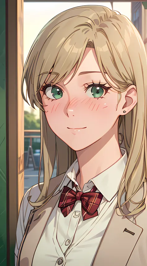 ((masterpiece, best quality, highres, UHD, perfect pixel, depth of field, 4k, RTX, HDR))), 1girl, single, solo, beautiful anime girl, beautiful artstyle, anime character, ((long hair, bangs, brown hair, curly hair:0.8)), ((green eyes:1.4, rounded eyes, bea...