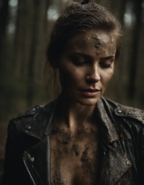 A woman sensually smears swamp mud on her body. She is dressed in jeans and a leather jacket