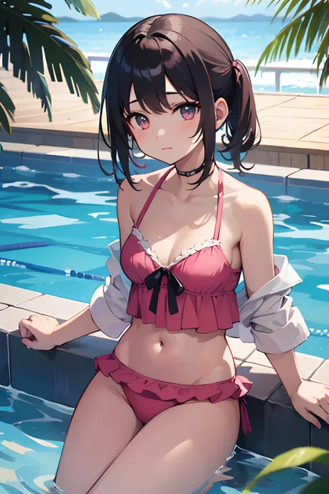 1 girl, solo, masterpiece, swimming pool,summer,dark pink swim suit,