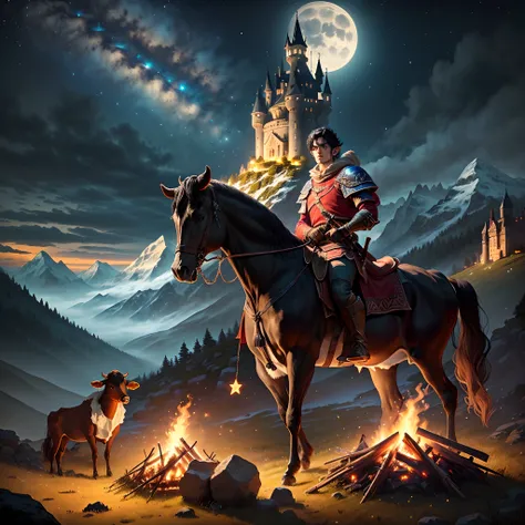 Legend of zelda, male hero holding sword, triumphant, dynamic light, mountains, night, stars, moonlight, campfire, pasture, cows in background, cattle grazing, hyper-realistic, best quality, black hair, medieval, castle on top of mountain in background,