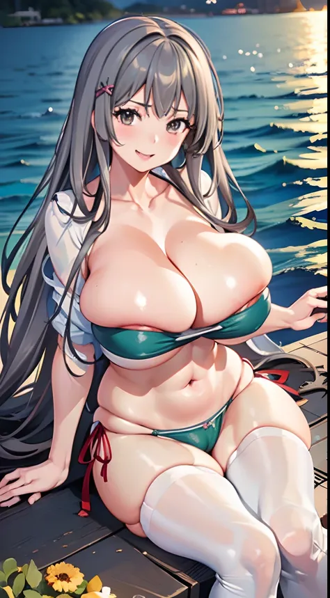 (frombelow:1.2)、,NSFW ,Sawako Kitami、(silber hair:1.4)、Long hair,1girl in,(The bikini:1.4),(huge-breasted:1.4),(Sea:1.4),blush,Smile,Opening Mouth、Wet