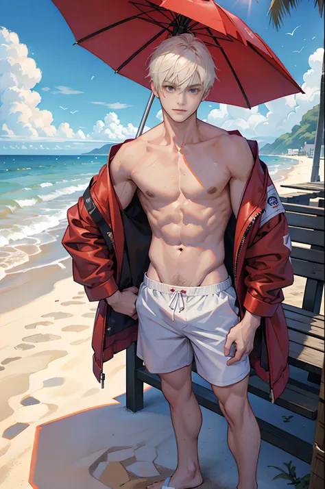 （tmasterpiece，超高分辨率，16k UHD，high qulity），low tune，lifeguard，On the beach by the sea, Small shop by the sea，standing on your feet，full bodyesbian，looking at viewert，Shirtless, swimming trunks，tmasterpiece，On a wooden platform by the sea，sitted，（golden hair）...