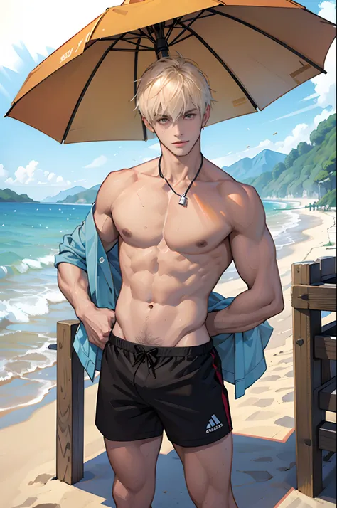 （tmasterpiece，超高分辨率，16k UHD，high qulity），low tune，lifeguard，On the beach by the sea, Standing in the ice shop in Harbean，standing on your feet，full bodyesbian，looking at viewert，Shirtless, swimming trunks，tmasterpiece，On a wooden platform by the sea，sitted...