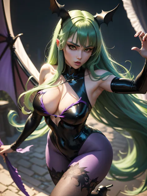 Arti modern anime. angled view, heroic pose, closeup portrait of stunningly beautiful Morrigan Aensland from Darkstalkers she has ((long green hair with fringe)), has bat wings, ((black short bodysuit)) ((purple tights)), dynamic pose, full body, stunning ...