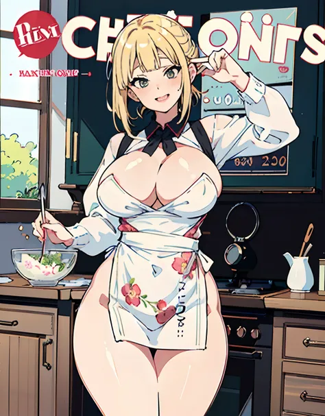 (Best Quality, Masterpiece),sexy mommy, Front cover of a womens cooking magazine, , naked, erotic, 18+, nsfw, 1girl, 30 years old, stunning, cute, heartwarming smile, hourglass figure, wearing floral dress, pinny apron, beautiful food, text, diagrams, adve...