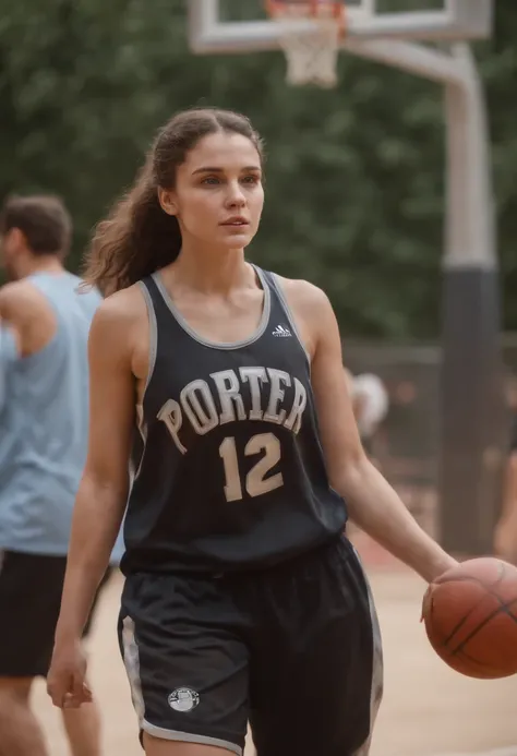 1 fille debout, porter un maillot de basket-ball, highly detailed, Realstic, Maintien de la balle, 27 ans, cheveux longs