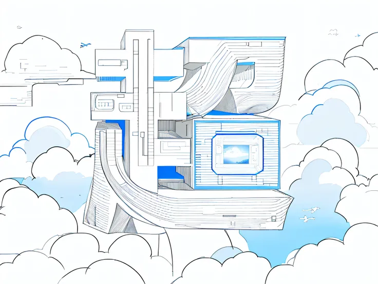 The city of the future、droid、Clouds、Connect to the city network、tall house、blue-sky、afofuturism，White background, Mono Color, Line drawings, ((Sketch))